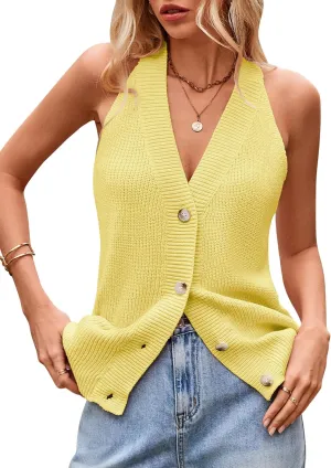 Women Sweater Vest Button Down V Neck Knit Tank Top Sleeveless Cardigans