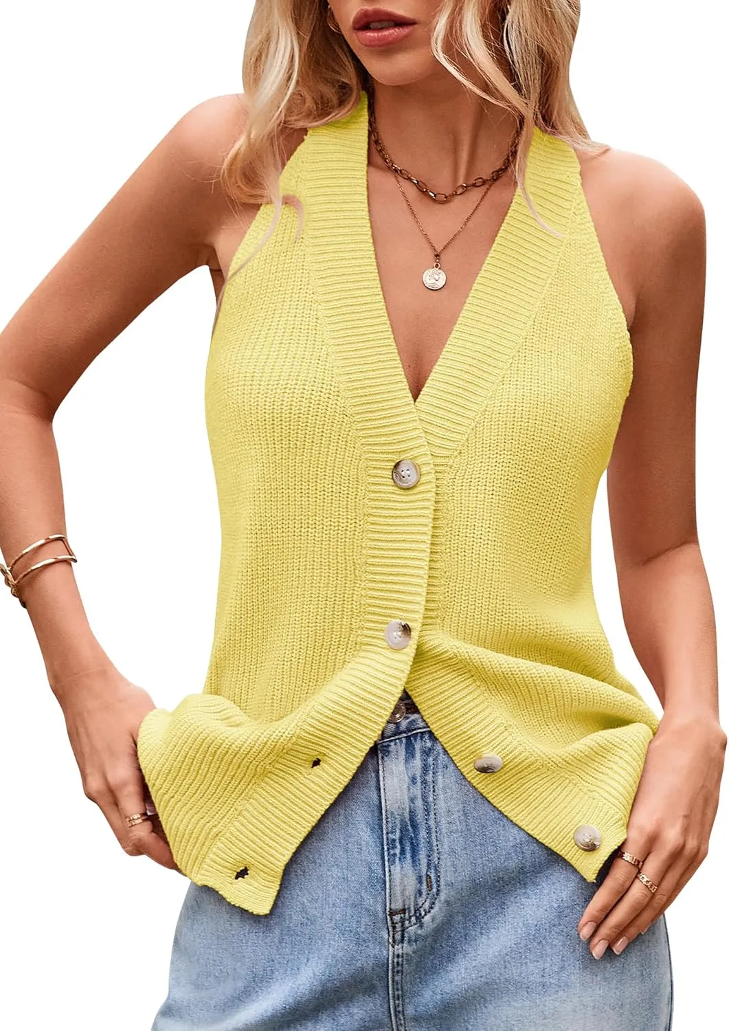 Women Sweater Vest Button Down V Neck Knit Tank Top Sleeveless Cardigans