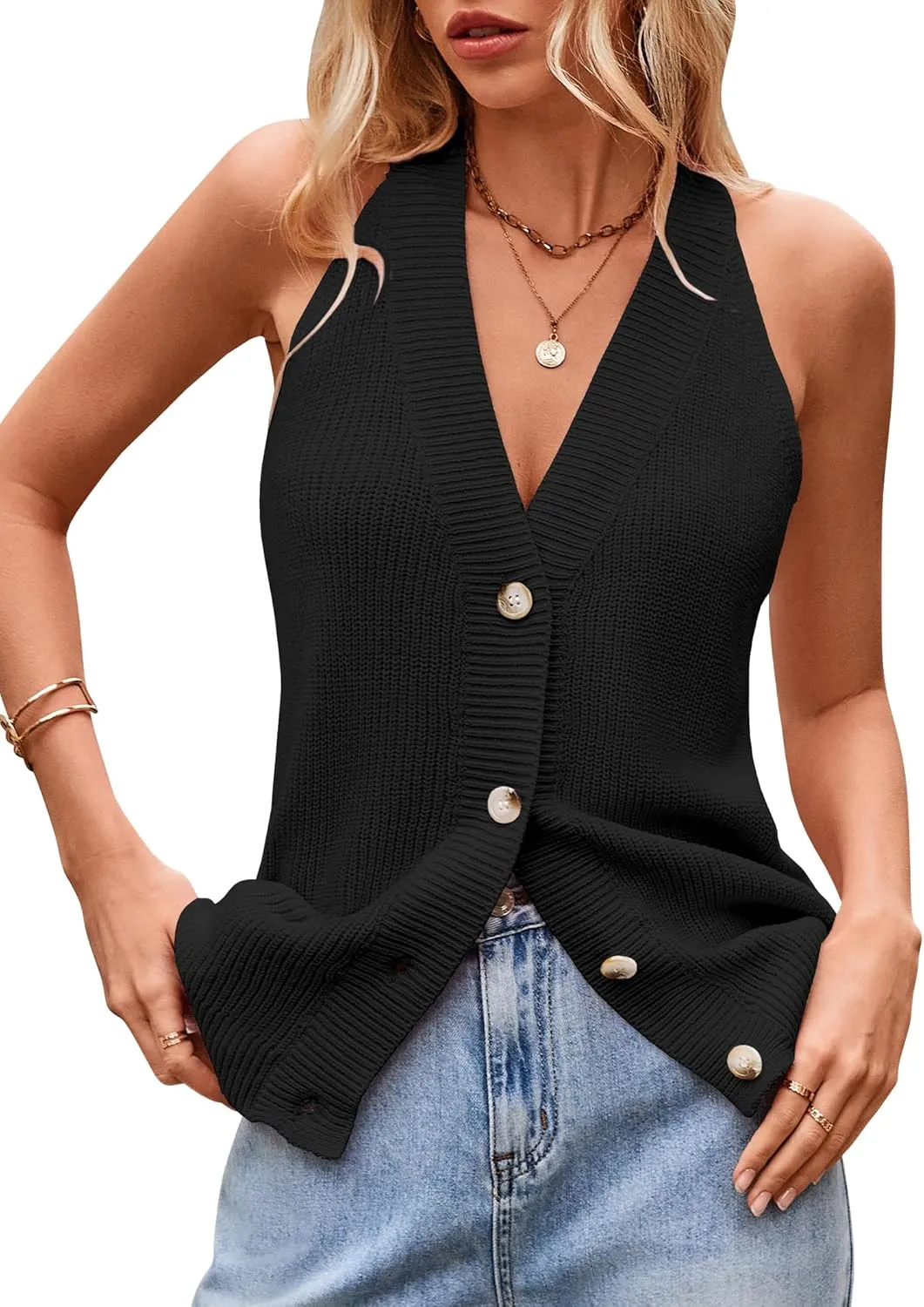 Women Sweater Vest Button Down V Neck Knit Tank Top Sleeveless Cardigans