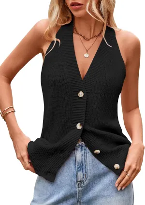 Women Sweater Vest Button Down V Neck Knit Tank Top Sleeveless Cardigans