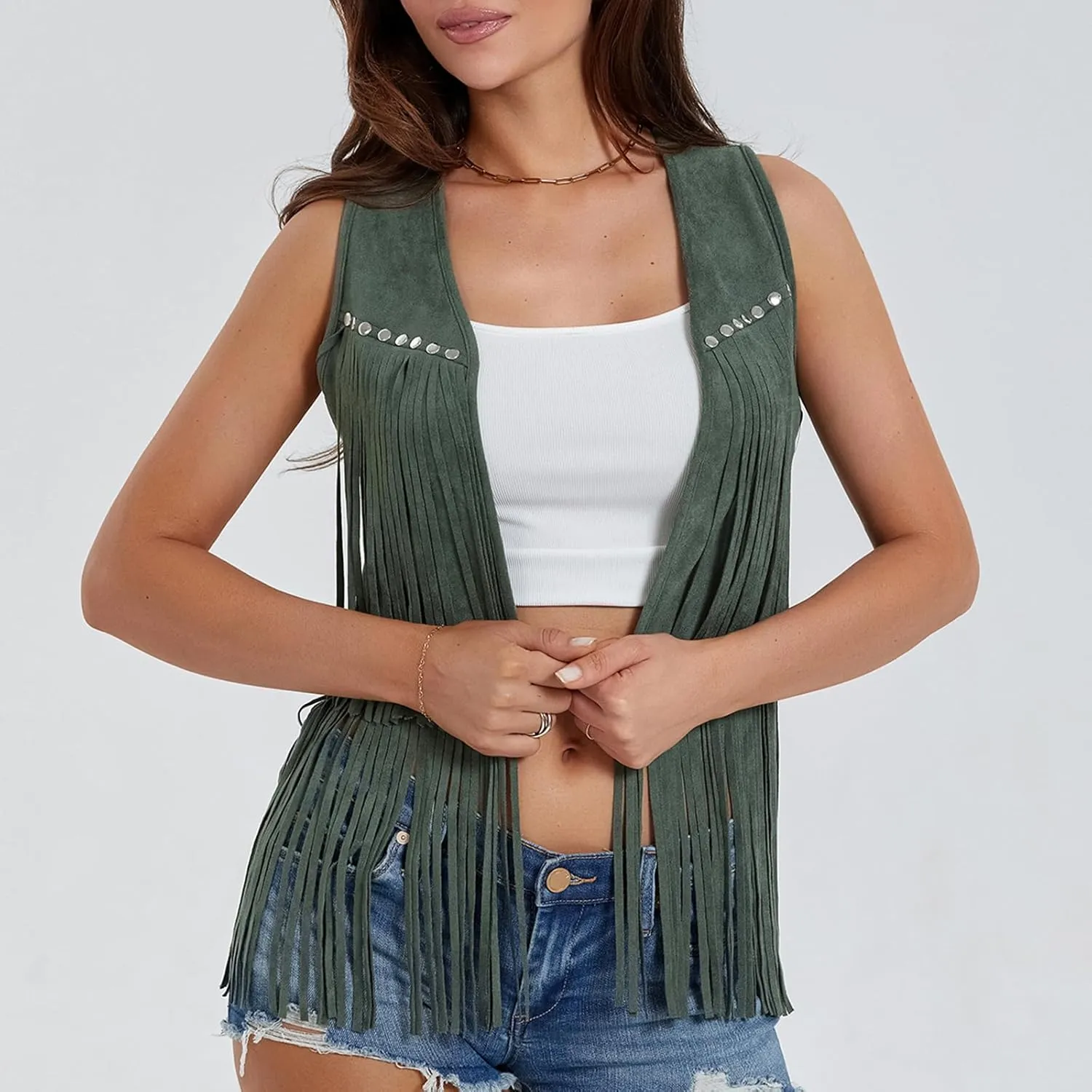 Women Tassel Vest 70s Hippie Faux Suede Rivets Sleeveless Fringe Waistcoat Open Front Boho Western Jacket Cardigan