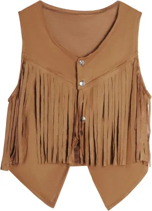 Women Tassel Vest 70s Hippie Sleeveless Faux Suede Rivets Fringe Vest Waistcoat Jacket Cowgirl Outfits
