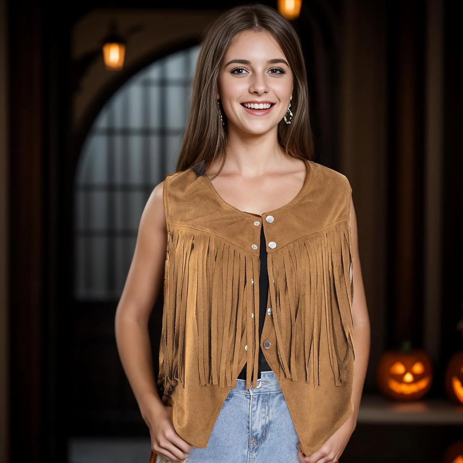 Women Tassel Vest 70s Hippie Sleeveless Faux Suede Rivets Fringe Vest Waistcoat Jacket Cowgirl Outfits