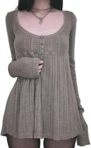 Women Vintage Solid Color Sweater Top Long Sleeve Button Front Knitted Top Retro Y2K Fairy Grunge Aesthetic Knitwear