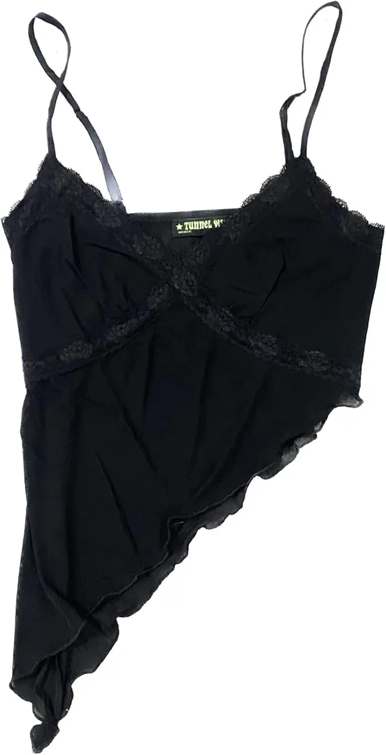 Women Y2k Fairycore Lace Trim Backless Camisoles Top Sexy Low Cut Spaghetti Strap Top Grunge Summer Tank Streetwear