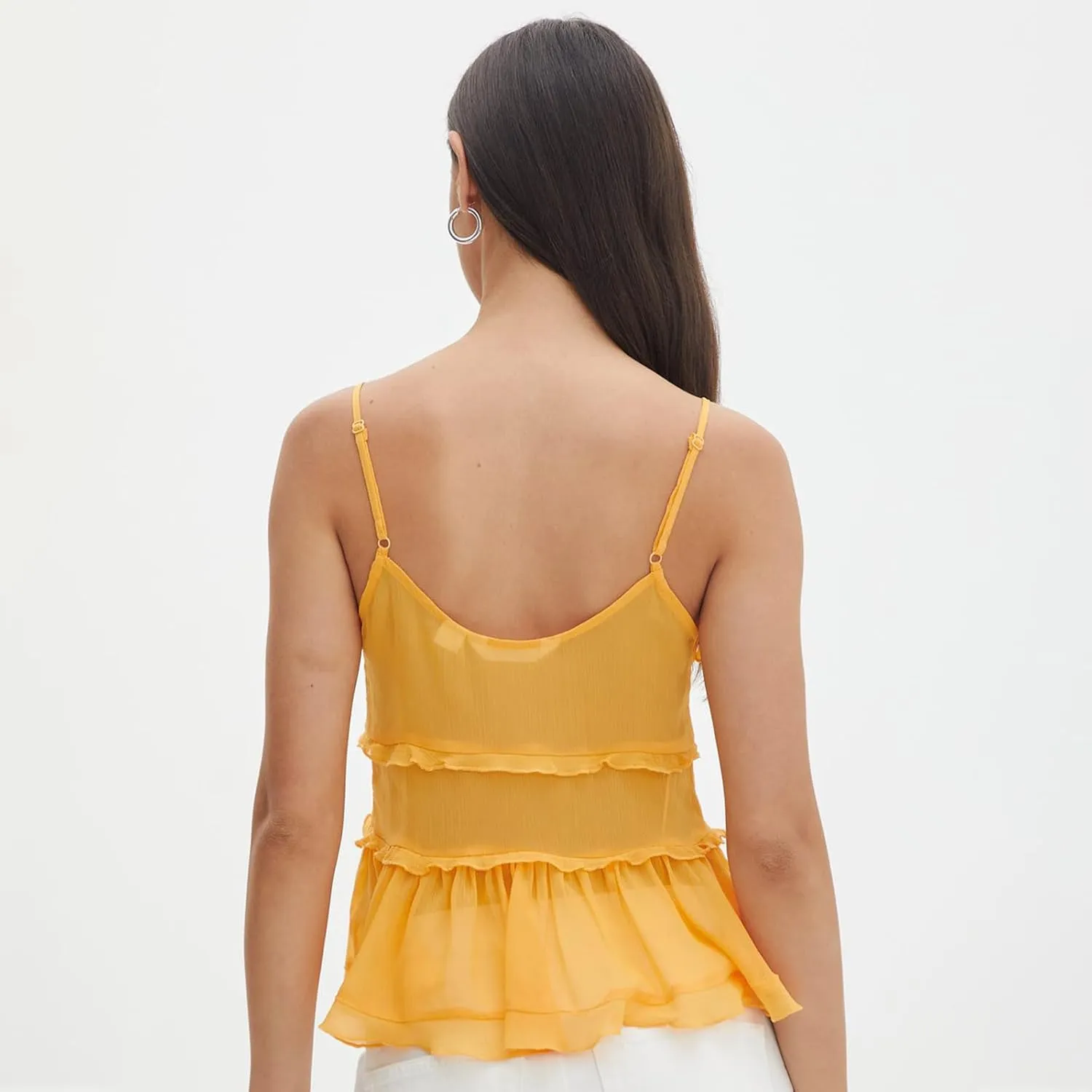 Women Y2K Ruffle Trim Cami Top Sexy Solid Color Sheer Mesh See Through Pleated Tank Top Summer Tie Front Camisole