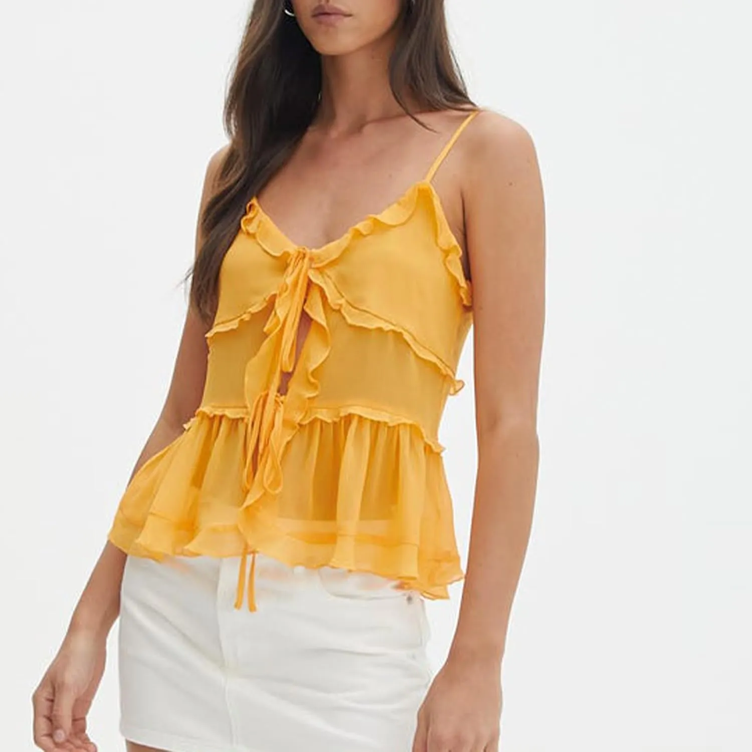 Women Y2K Ruffle Trim Cami Top Sexy Solid Color Sheer Mesh See Through Pleated Tank Top Summer Tie Front Camisole