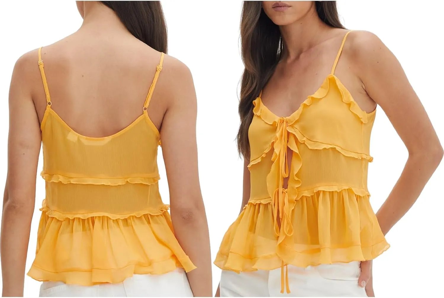 Women Y2K Ruffle Trim Cami Top Sexy Solid Color Sheer Mesh See Through Pleated Tank Top Summer Tie Front Camisole