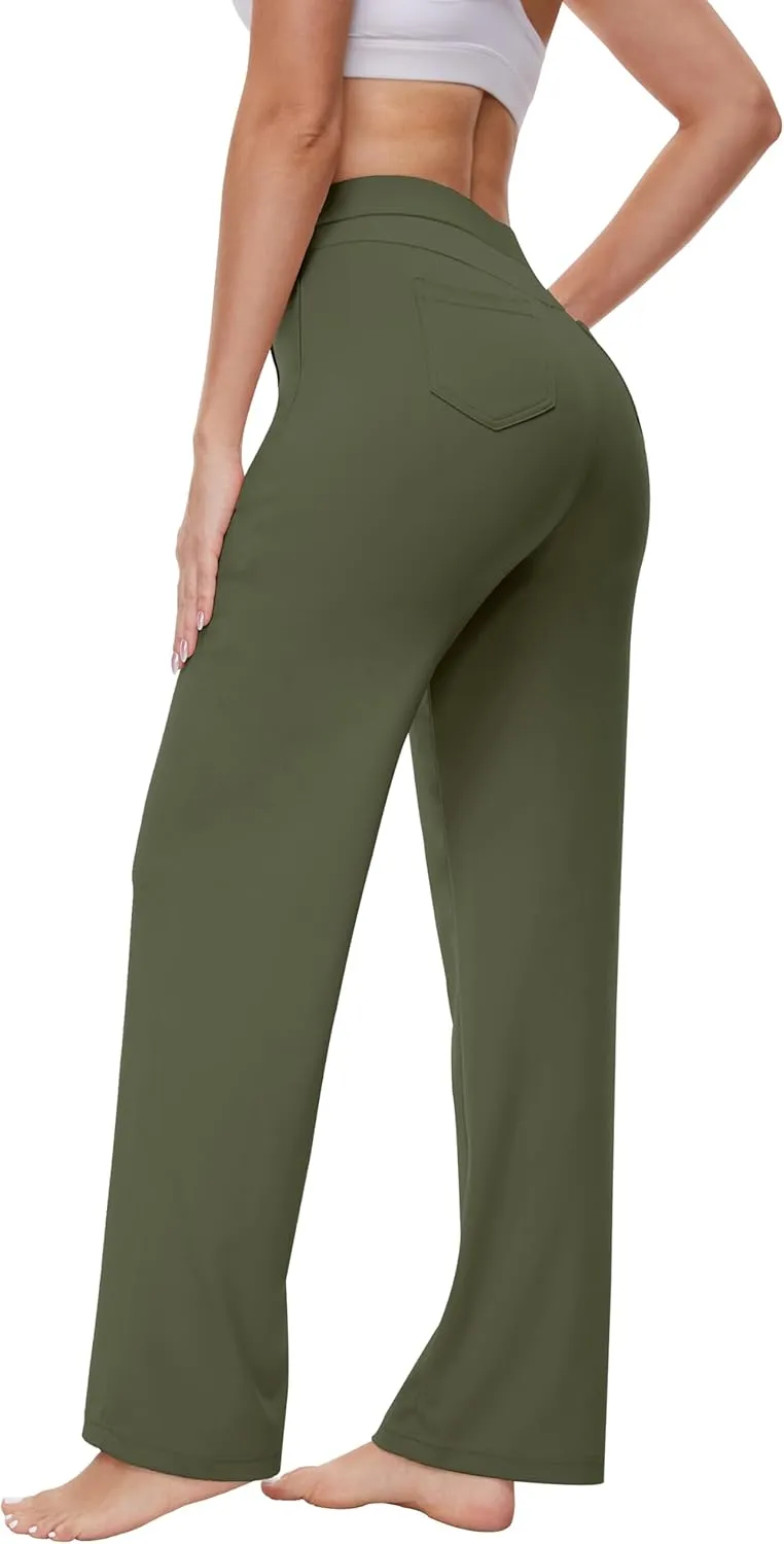 Womens 27"/29"/31" Wide Leg Pull On Loose Yoga Gym Pants, High Waist Tall, Petite, Regular Work Business Slacks