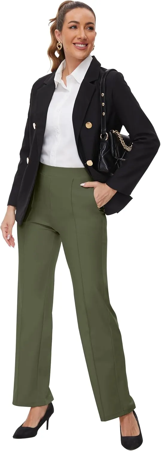 Womens 27"/29"/31" Wide Leg Pull On Loose Yoga Gym Pants, High Waist Tall, Petite, Regular Work Business Slacks