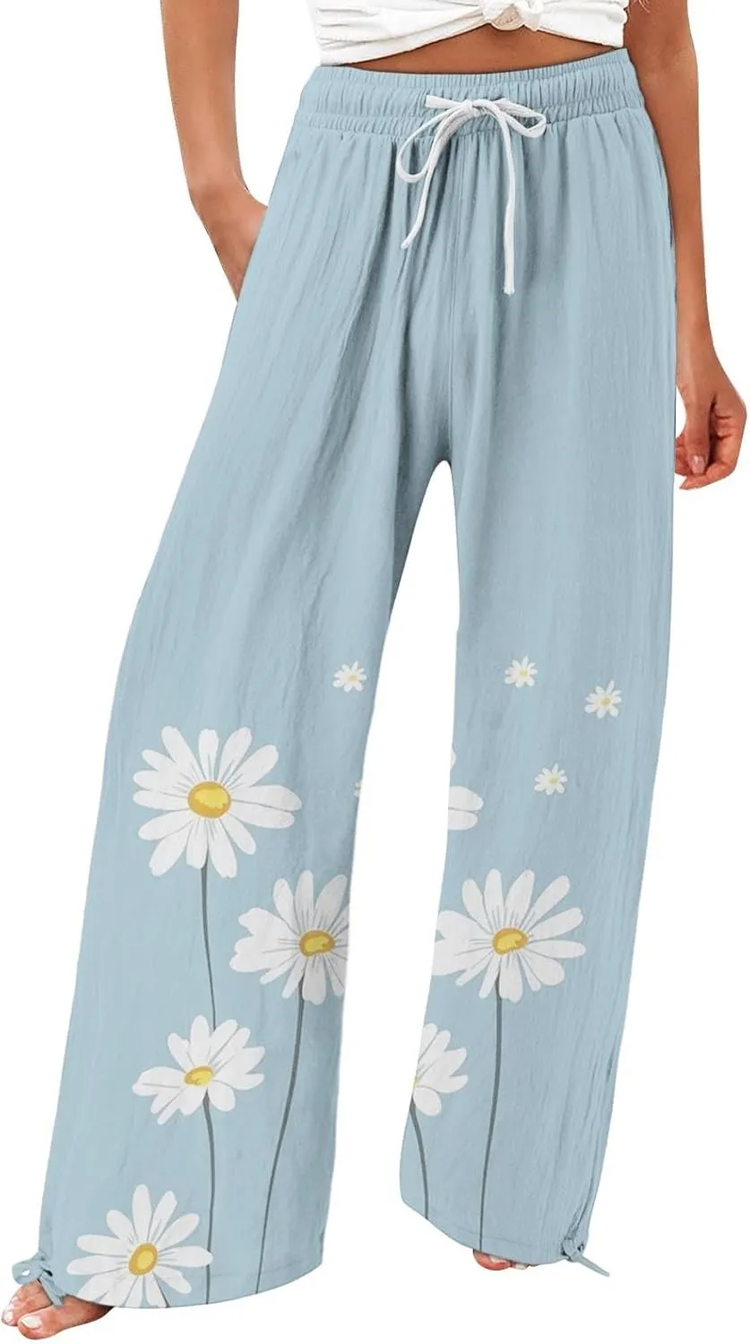 Womens Boho Wide Leg Pants High Waist Summer Casual Loose Fit Palazzo Trousers Floral Beach Vacation Clothes 2025