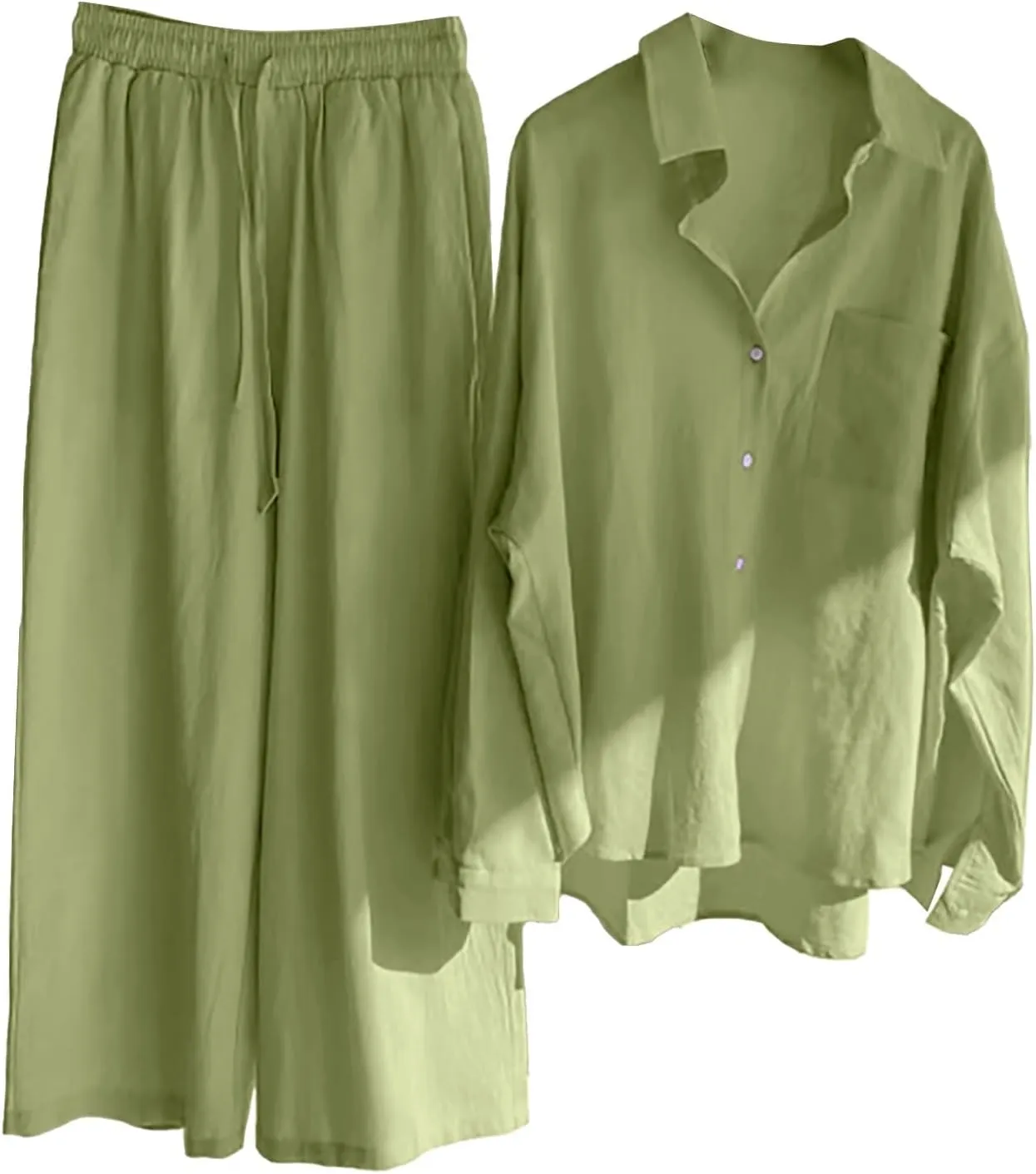 Womens Button Down Shirt Outfits Summer Cotton Linen 2 Piece Sets Casual Long Sleeve Blouse Flowy Wide Leg Pants Suits