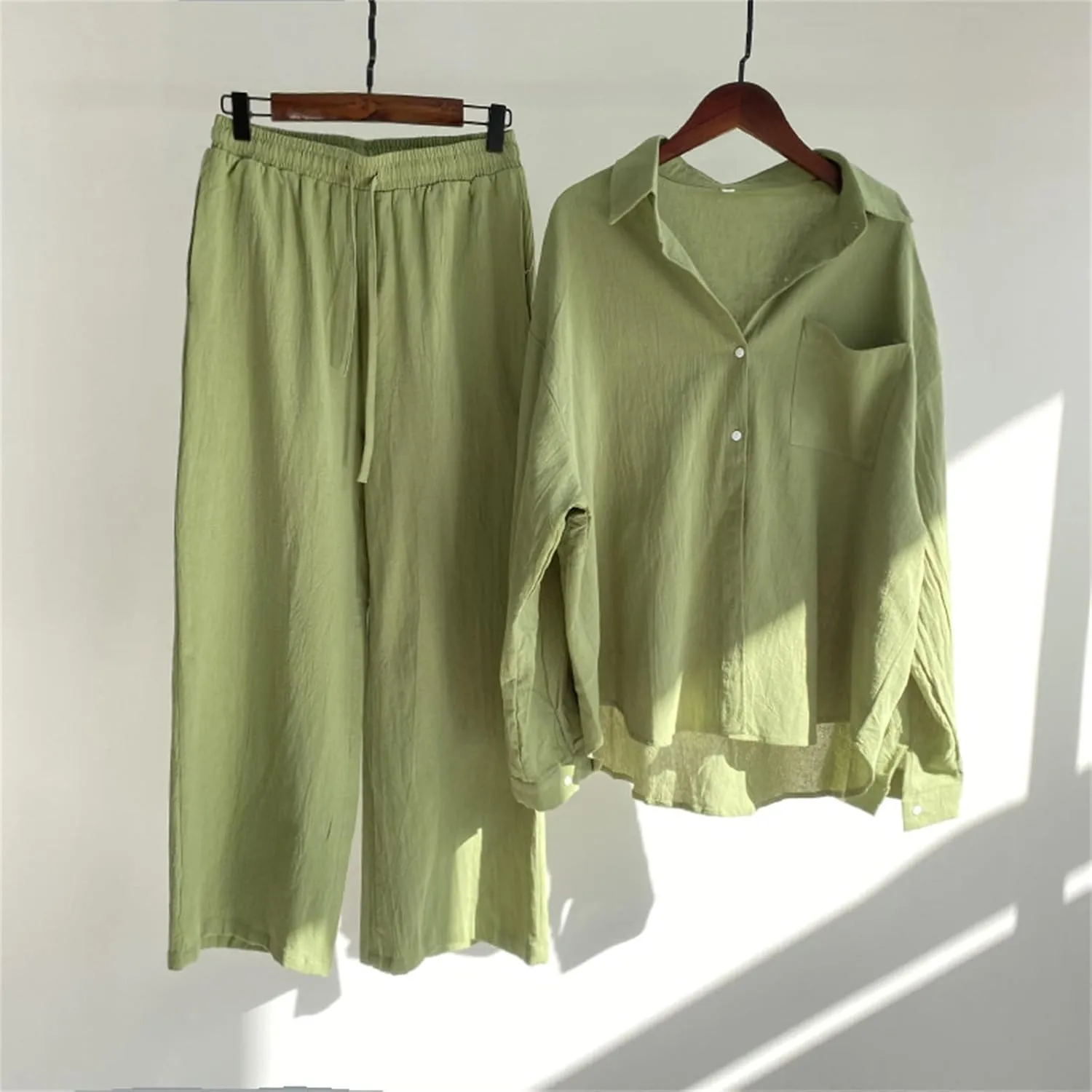 Womens Button Down Shirt Outfits Summer Cotton Linen 2 Piece Sets Casual Long Sleeve Blouse Flowy Wide Leg Pants Suits