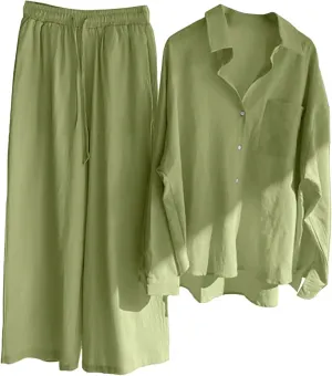 Womens Button Down Shirt Outfits Summer Cotton Linen 2 Piece Sets Casual Long Sleeve Blouse Flowy Wide Leg Pants Suits