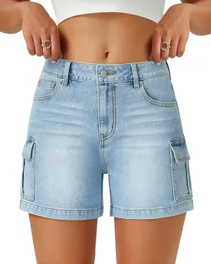 Womens Cargo Jean Shorts High Waisted Microelastic Straight Leg Long Denim Mom Shorts