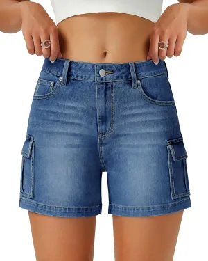 Womens Cargo Jean Shorts High Waisted Microelastic Straight Leg Long Denim Mom Shorts