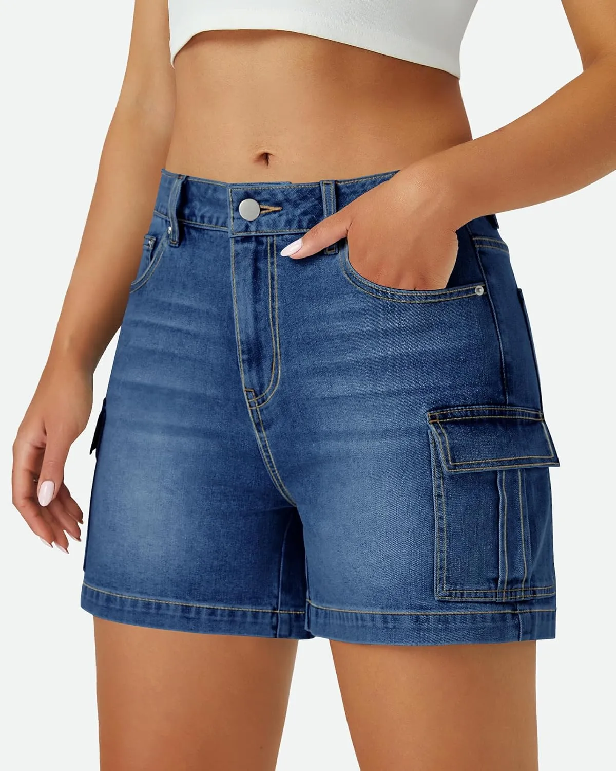 Womens Cargo Jean Shorts High Waisted Microelastic Straight Leg Long Denim Mom Shorts