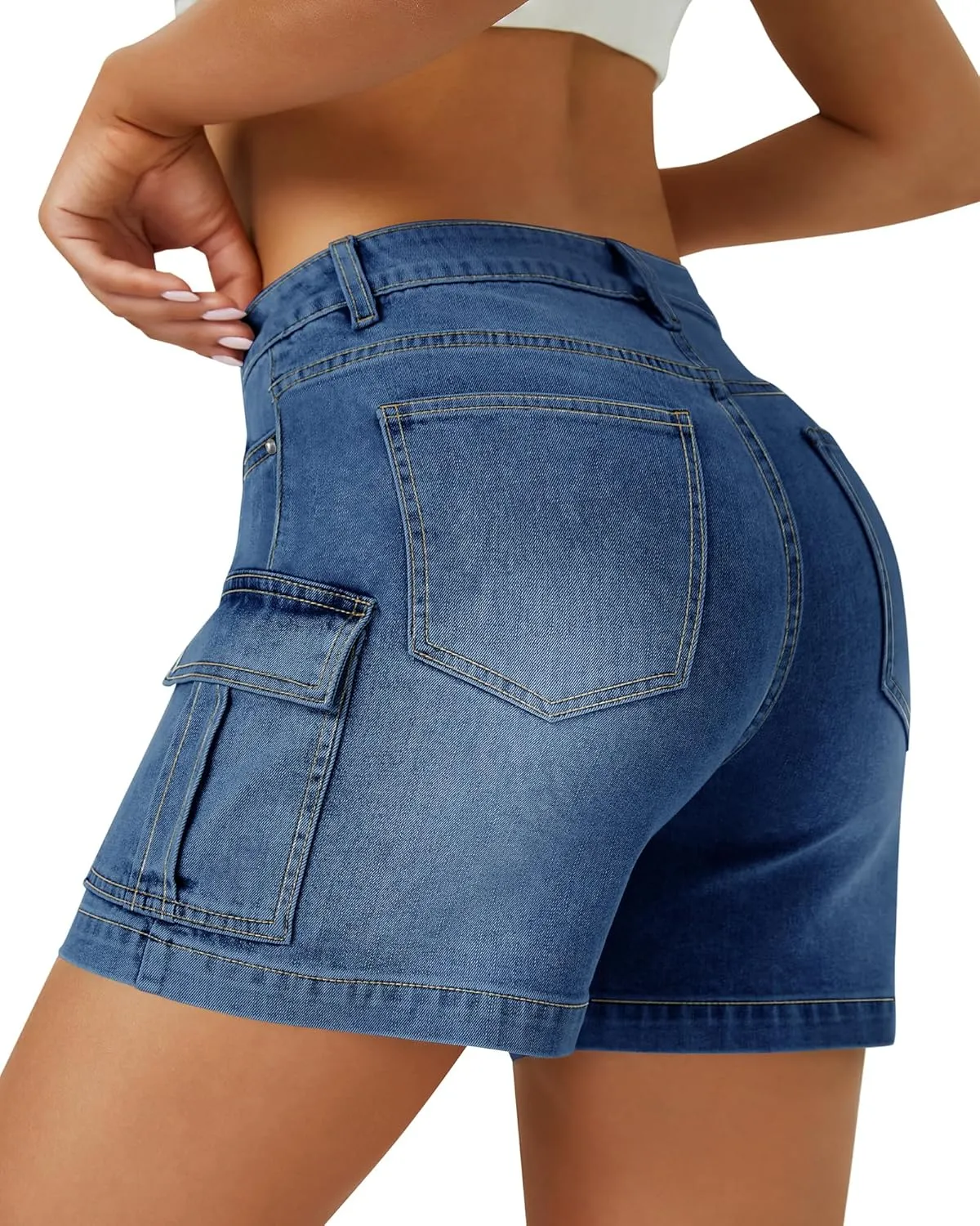 Womens Cargo Jean Shorts High Waisted Microelastic Straight Leg Long Denim Mom Shorts