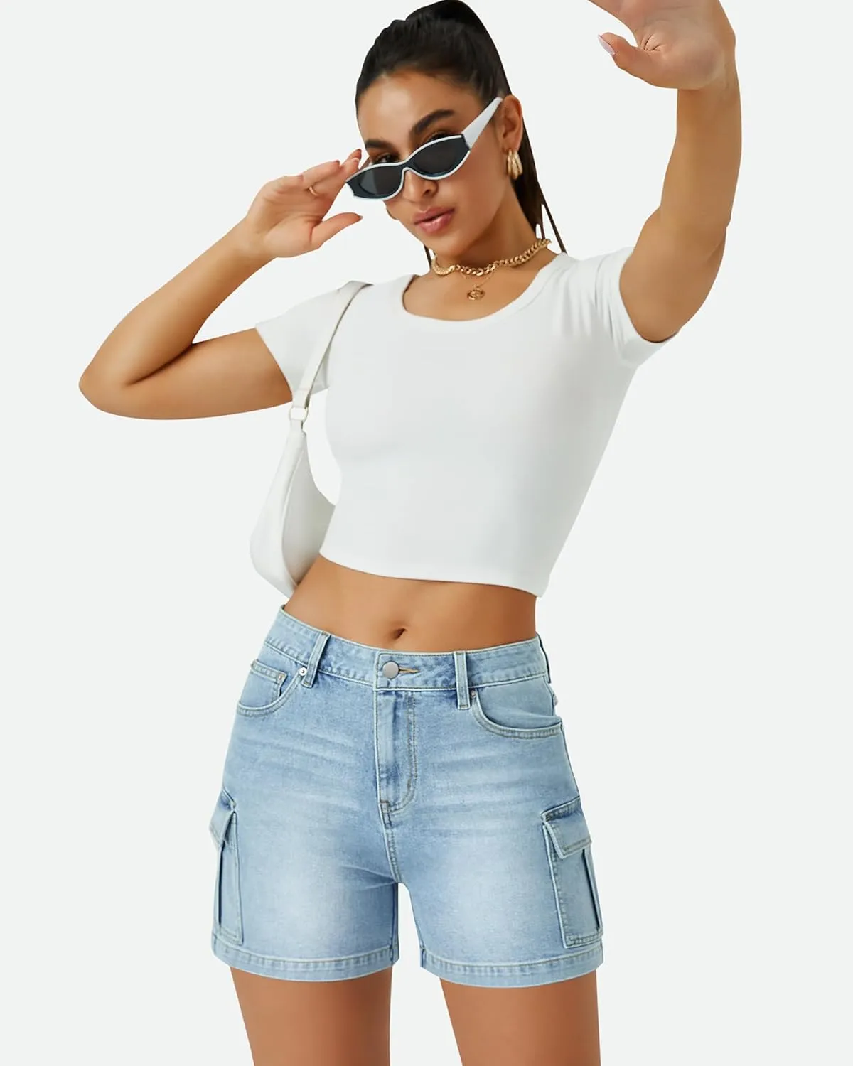 Womens Cargo Jean Shorts High Waisted Microelastic Straight Leg Long Denim Mom Shorts