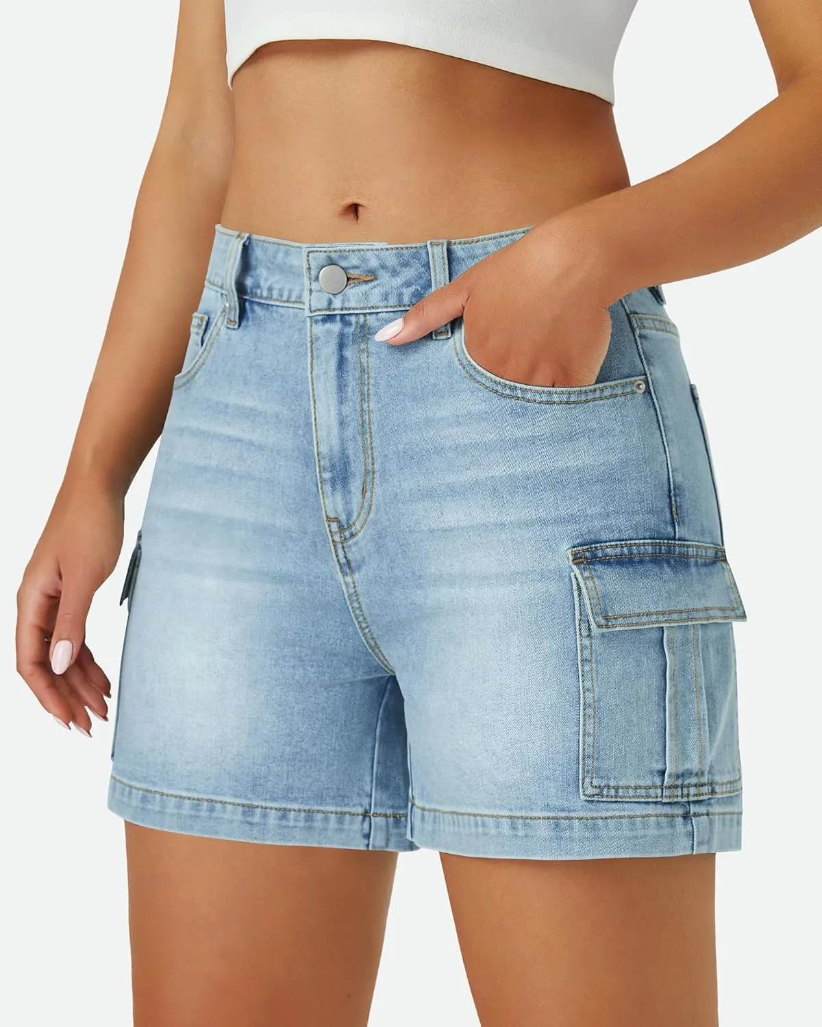 Womens Cargo Jean Shorts High Waisted Microelastic Straight Leg Long Denim Mom Shorts