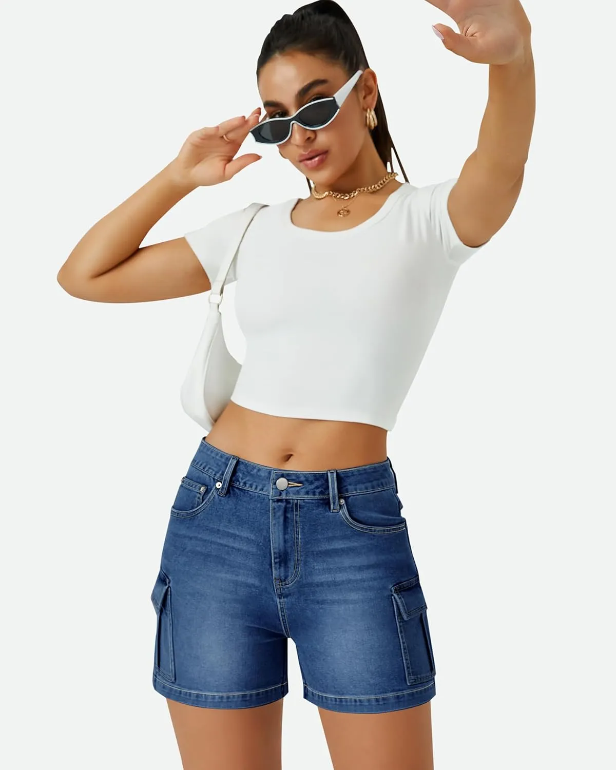 Womens Cargo Jean Shorts High Waisted Microelastic Straight Leg Long Denim Mom Shorts