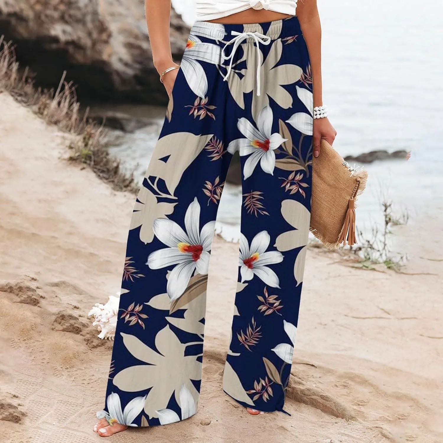 Womens Casual Boho Floral Cotton Linen Pants 2025 Elastic Waist Drawstring Summer Beach Baggy Trousers with Pockets