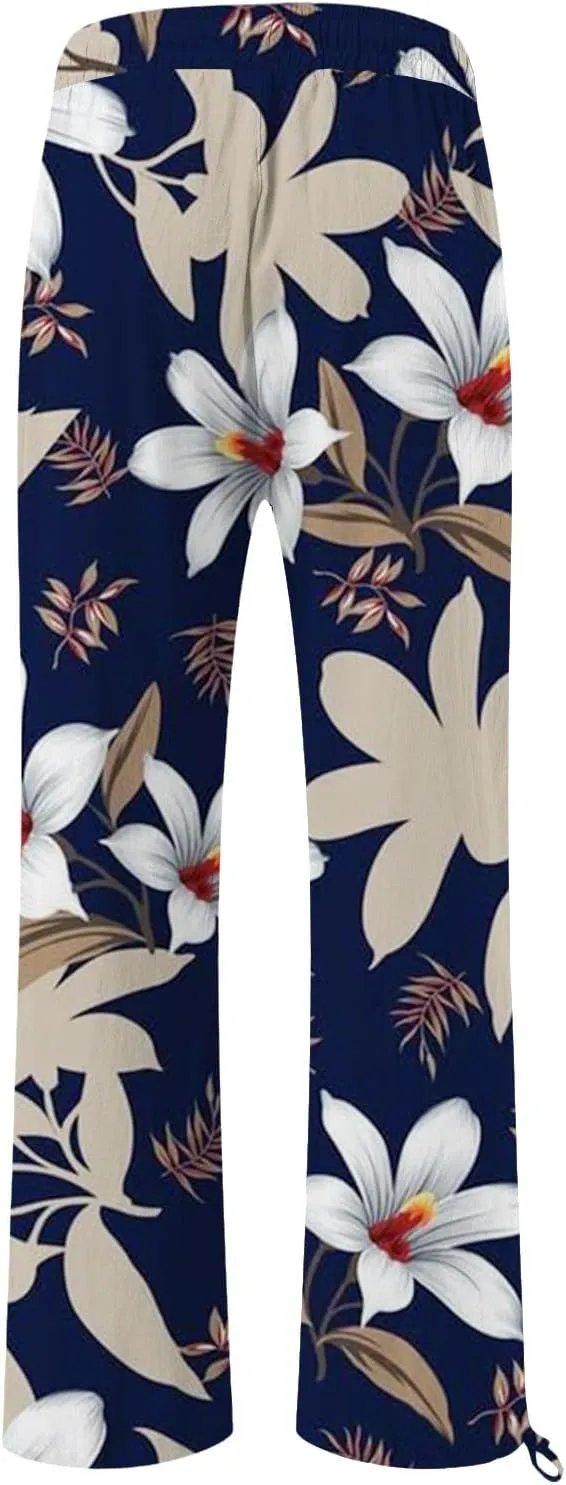 Womens Casual Boho Floral Cotton Linen Pants 2025 Elastic Waist Drawstring Summer Beach Baggy Trousers with Pockets