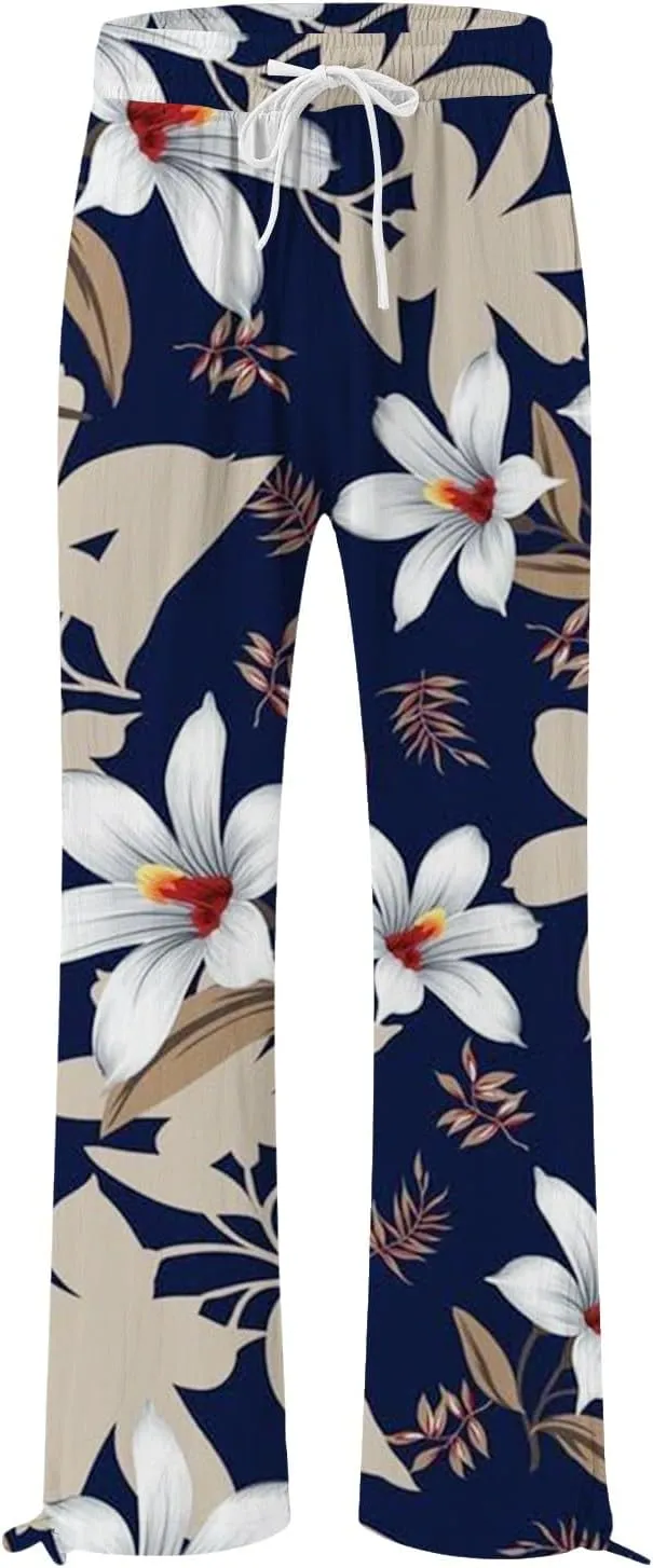 Womens Casual Boho Floral Cotton Linen Pants 2025 Elastic Waist Drawstring Summer Beach Baggy Trousers with Pockets