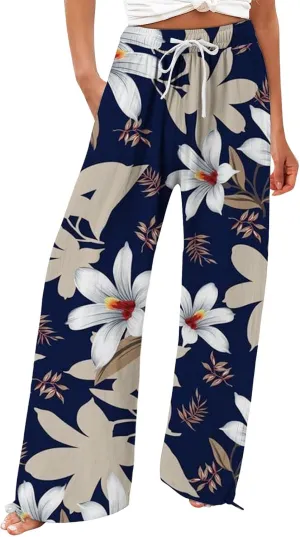 Womens Casual Boho Floral Cotton Linen Pants 2025 Elastic Waist Drawstring Summer Beach Baggy Trousers with Pockets