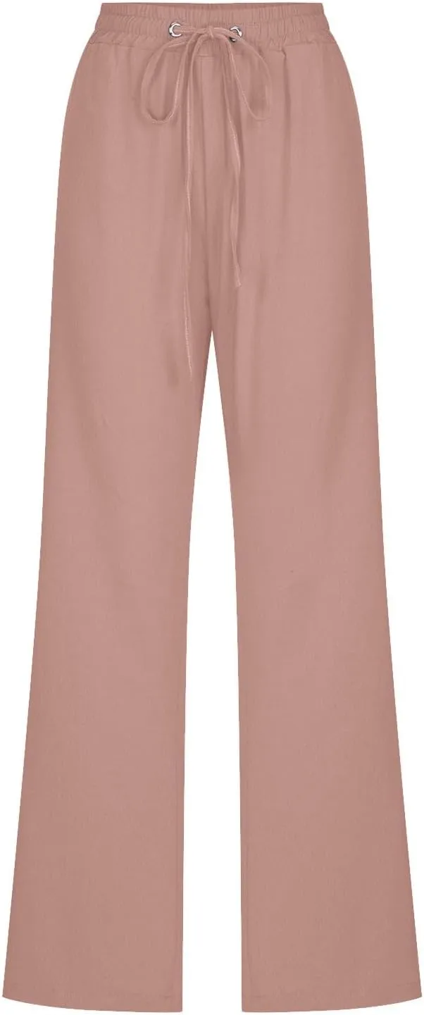 Womens Casual Linen Pants High Waist Drawstring Loose Fit Summer Pants Comfy Straight Leg Trousers with Pockets
