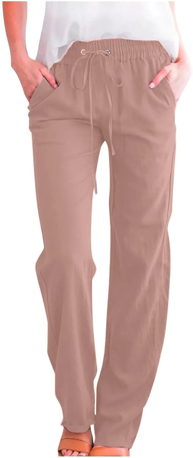 Womens Casual Linen Pants High Waist Drawstring Loose Fit Summer Pants Comfy Straight Leg Trousers with Pockets