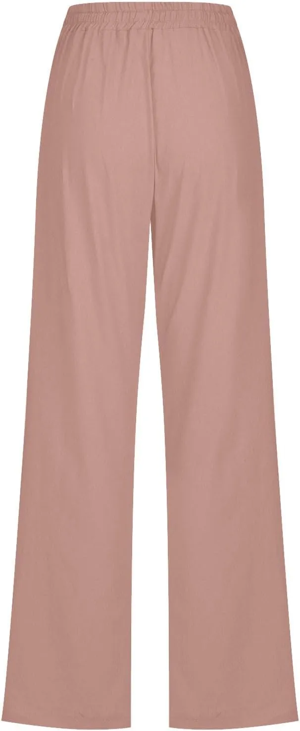 Womens Casual Linen Pants High Waist Drawstring Loose Fit Summer Pants Comfy Straight Leg Trousers with Pockets
