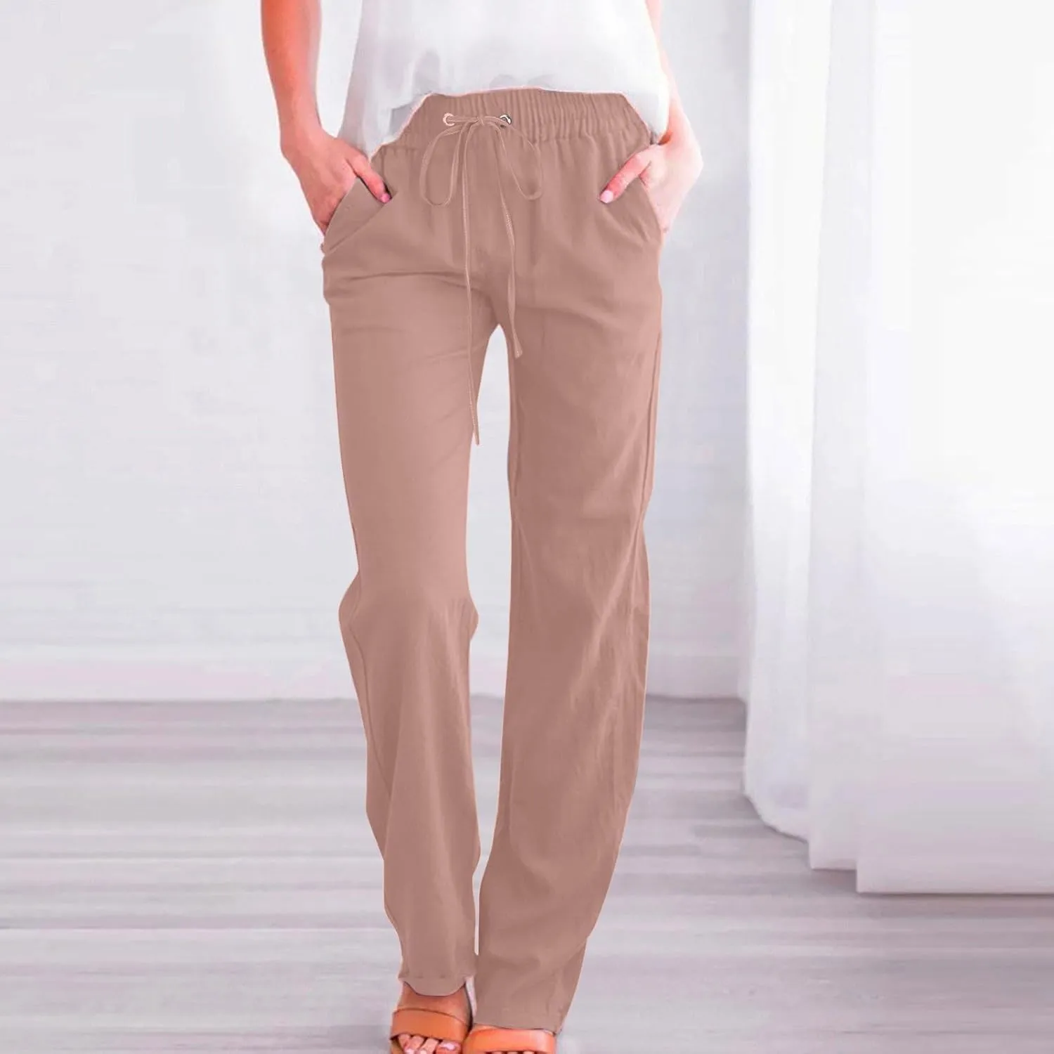 Womens Casual Linen Pants High Waist Drawstring Loose Fit Summer Pants Comfy Straight Leg Trousers with Pockets
