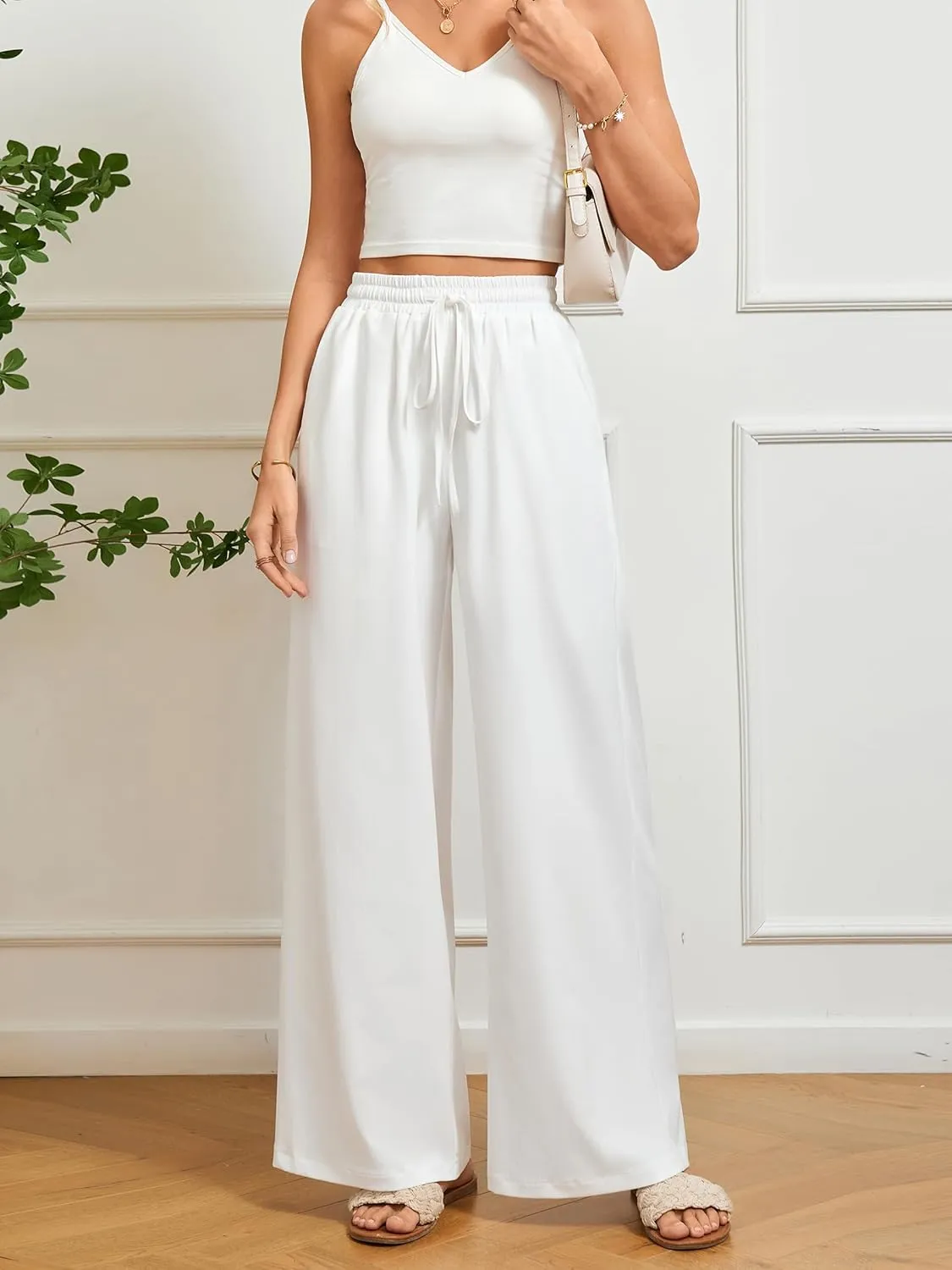 Women's Casual Pants Elastic Waisted Summer Business Wrinkle Free High Waisted Office with Pockets Palazzo Pants