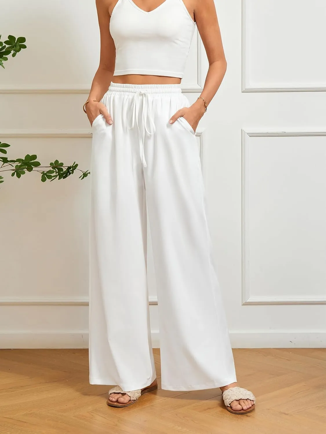 Women's Casual Pants Elastic Waisted Summer Business Wrinkle Free High Waisted Office with Pockets Palazzo Pants