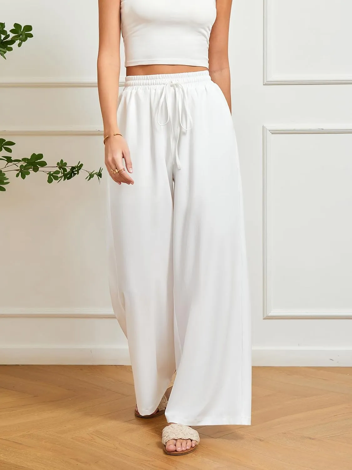 Women's Casual Pants Elastic Waisted Summer Business Wrinkle Free High Waisted Office with Pockets Palazzo Pants