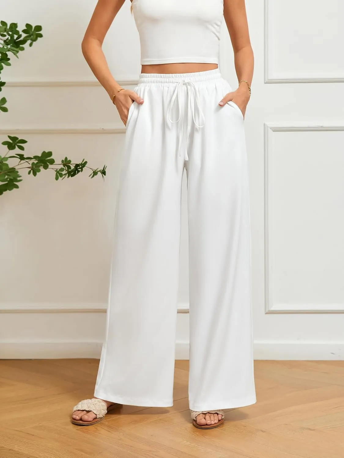 Women's Casual Pants Elastic Waisted Summer Business Wrinkle Free High Waisted Office with Pockets Palazzo Pants