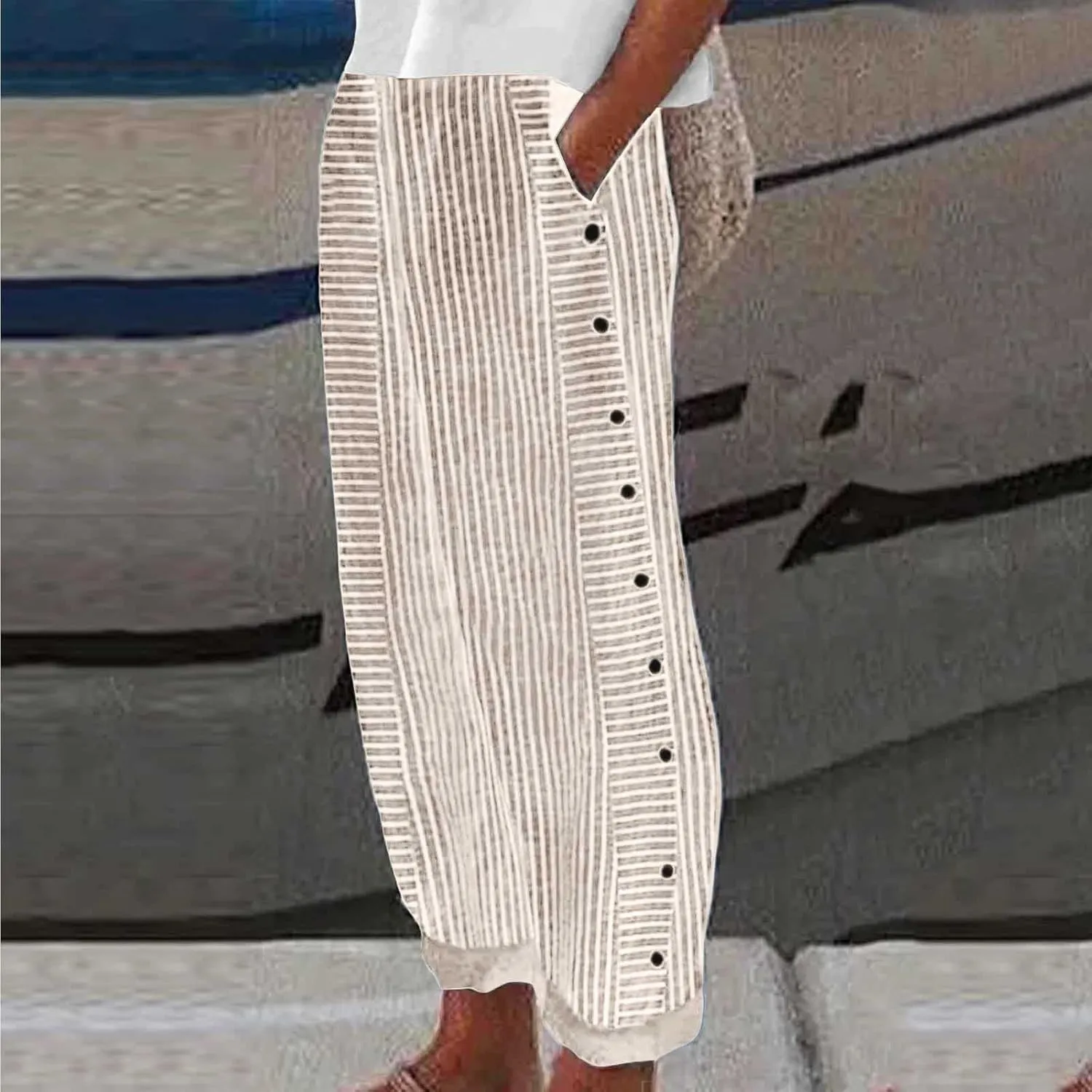 Women's Casual Pants Striped Side Button Pants Elastic Waist Summer Trendy Straight Leg Baggy Trousers with Pocket