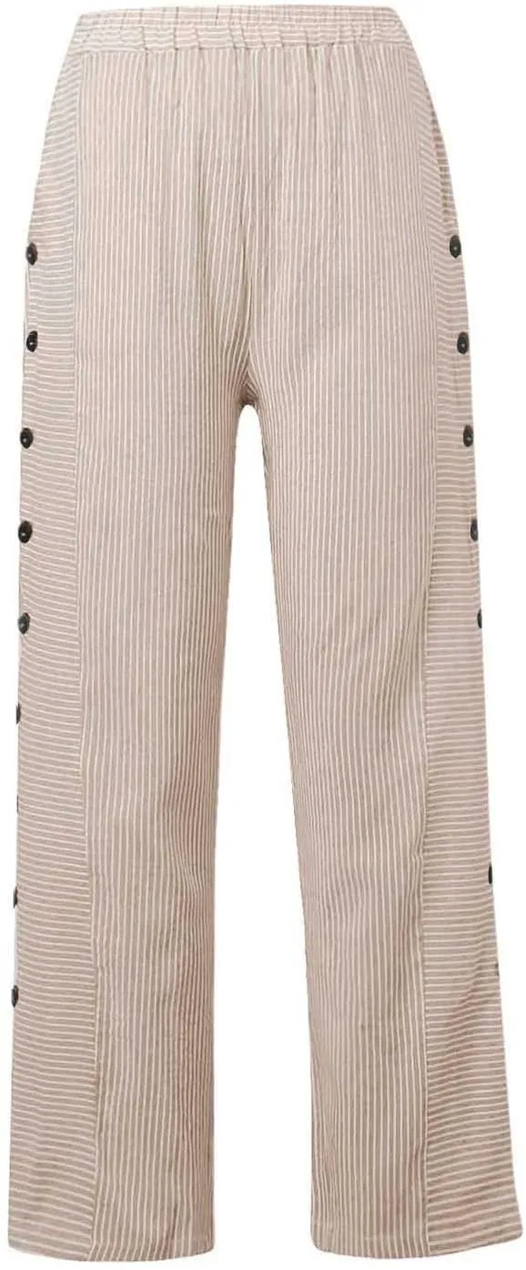 Women's Casual Pants Striped Side Button Pants Elastic Waist Summer Trendy Straight Leg Baggy Trousers with Pocket