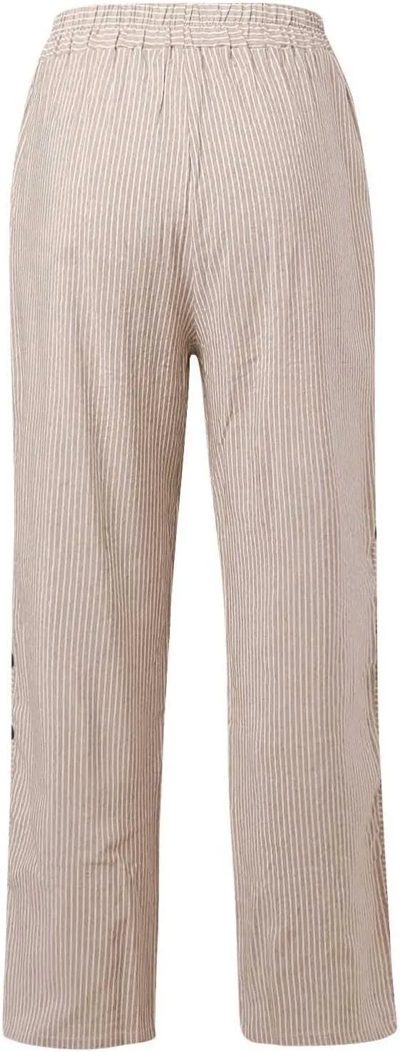 Women's Casual Pants Striped Side Button Pants Elastic Waist Summer Trendy Straight Leg Baggy Trousers with Pocket