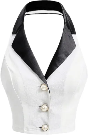 Women's Colorblock Sleeveless Turndown V Neck Collar Button Front Backless Slim Fit Crop Halter Top Tank Top Cropper