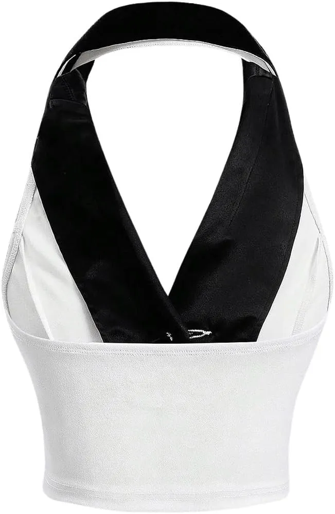 Women's Colorblock Sleeveless Turndown V Neck Collar Button Front Backless Slim Fit Crop Halter Top Tank Top Cropper