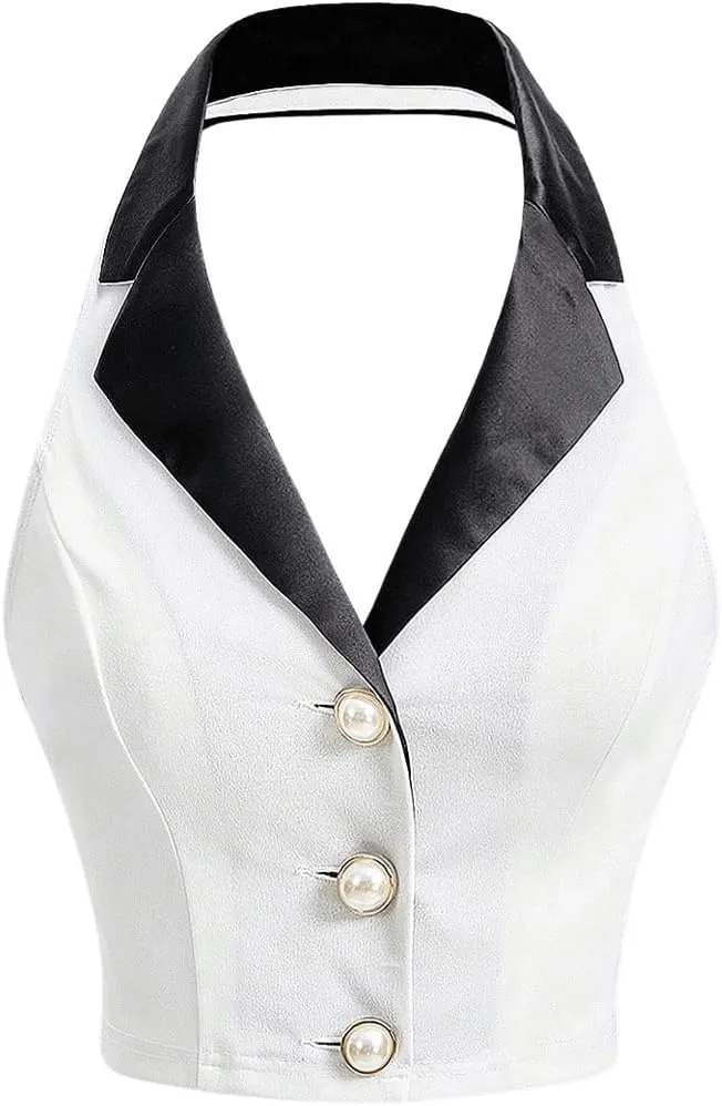 Women's Colorblock Sleeveless Turndown V Neck Collar Button Front Backless Slim Fit Crop Halter Top Tank Top Cropper