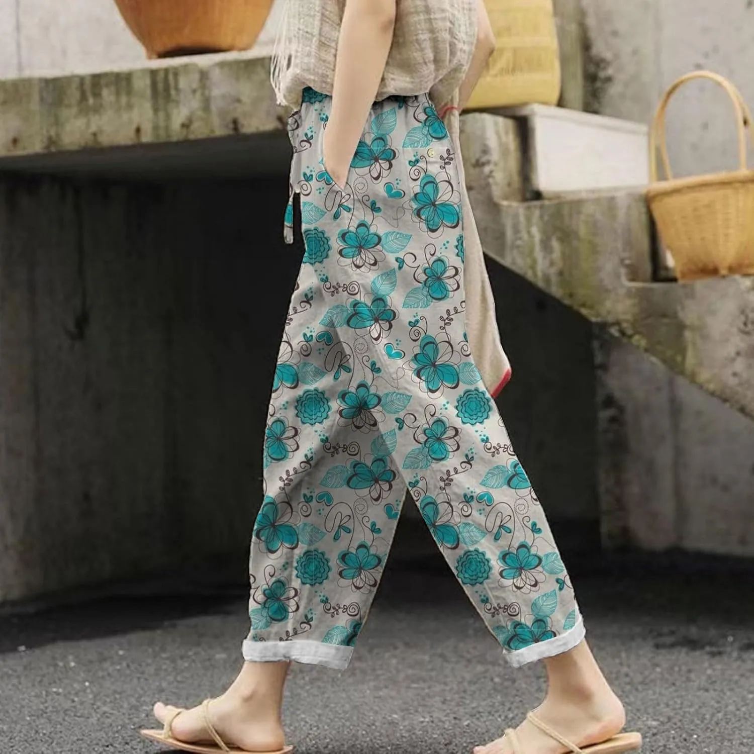 Womens Cotton Linen Capri Pants Elastic Waist Drawstring Casual Summer Boho Floral Beach Yoga Cropped Trousers