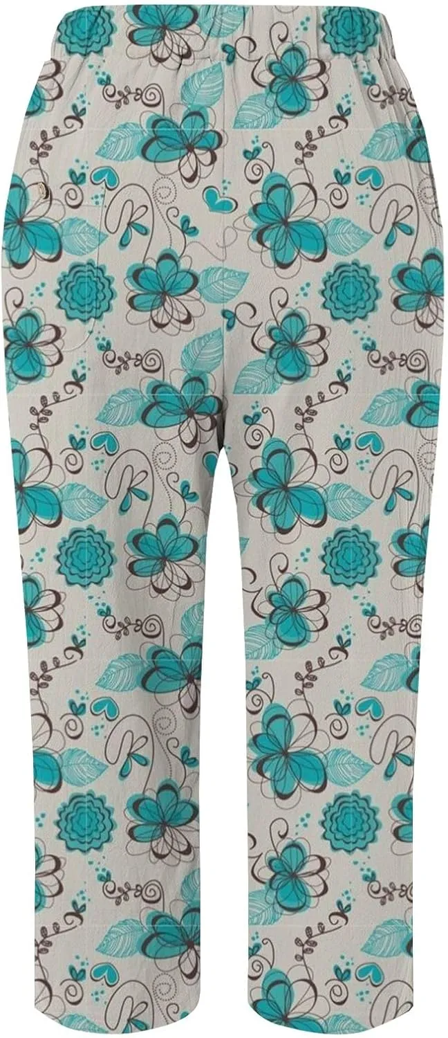 Womens Cotton Linen Capri Pants Elastic Waist Drawstring Casual Summer Boho Floral Beach Yoga Cropped Trousers