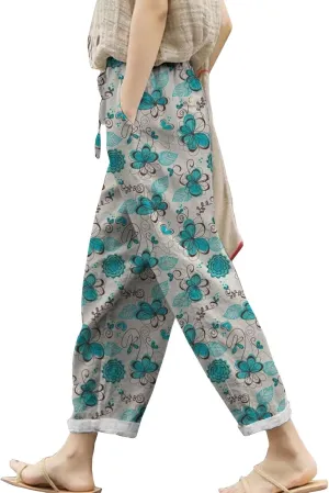 Womens Cotton Linen Capri Pants Elastic Waist Drawstring Casual Summer Boho Floral Beach Yoga Cropped Trousers