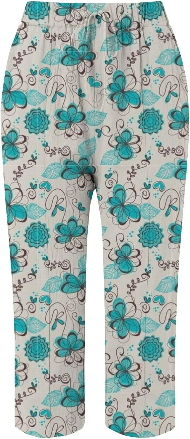 Womens Cotton Linen Capri Pants Elastic Waist Drawstring Casual Summer Boho Floral Beach Yoga Cropped Trousers