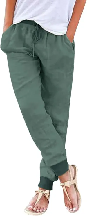 Womens Cotton Linen Jogger Pants Tapered Leg Summer Casual Back Elastic Waist Beach Pants Drawstring Trousers with Pockets