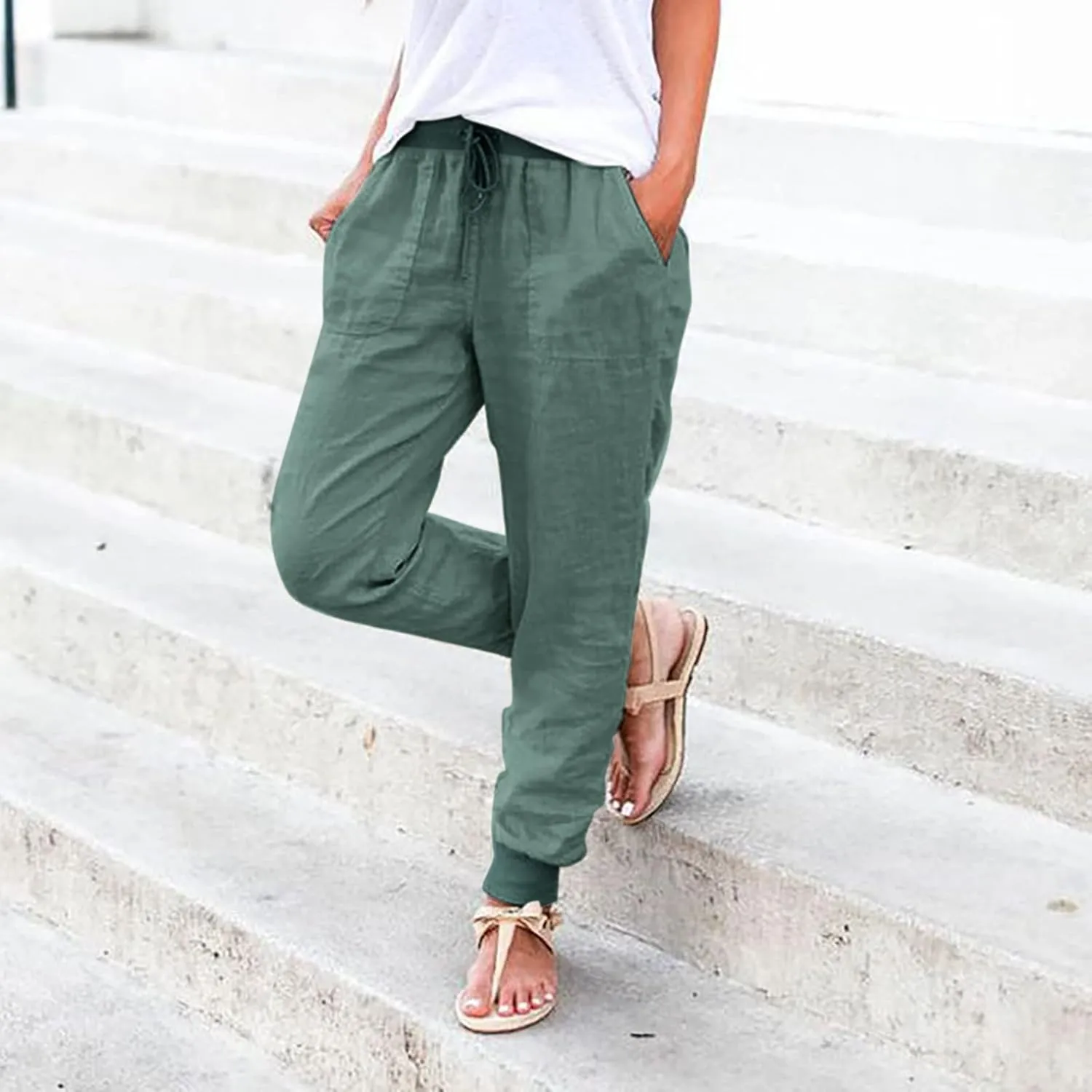 Womens Cotton Linen Jogger Pants Tapered Leg Summer Casual Back Elastic Waist Beach Pants Drawstring Trousers with Pockets