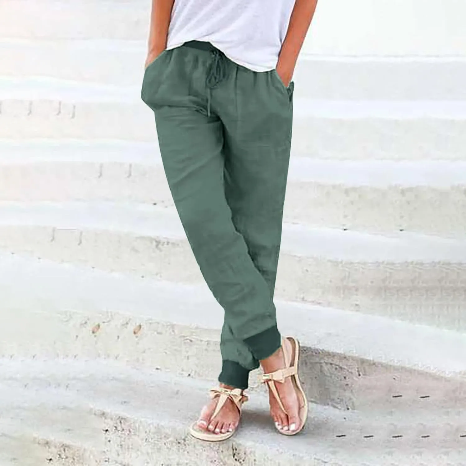 Womens Cotton Linen Jogger Pants Tapered Leg Summer Casual Back Elastic Waist Beach Pants Drawstring Trousers with Pockets